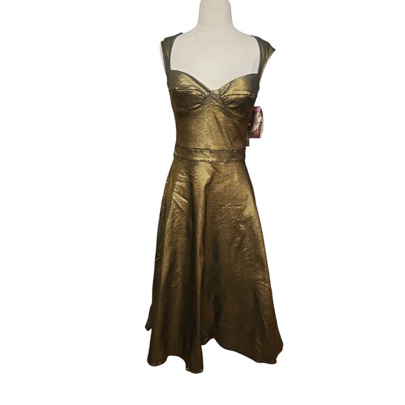 Bettie Page Queen Of Pinups Fit & Flare Midi Dress Womens 8 Burnished Gold Retro - Picture 2 of 9